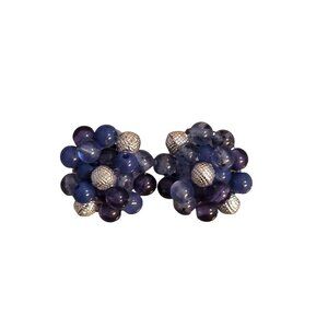 Vintage Hong Kong Clip-On Cluster Earrings With Blue & Silver Tone Beads